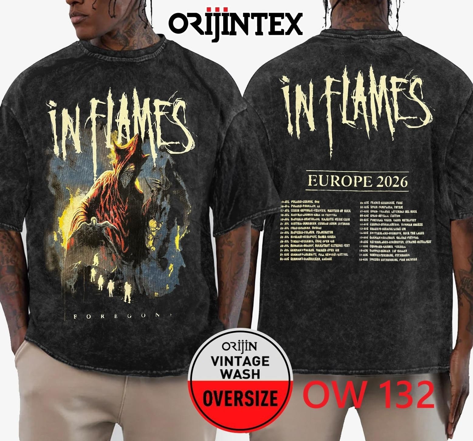 In Flames Yıkamalı Over Size Tişört XL