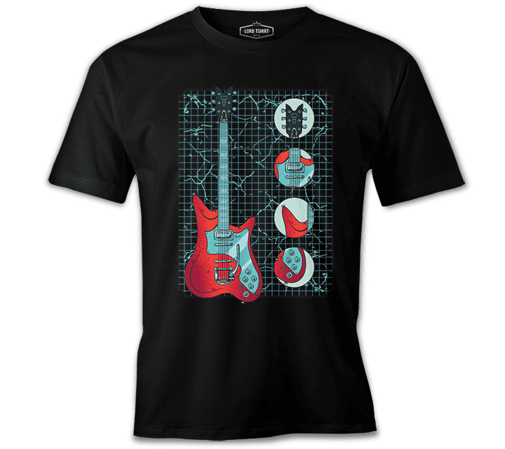 Electric Guitar and Its Parts on Grid Background Siyah Erkek Tişört XL