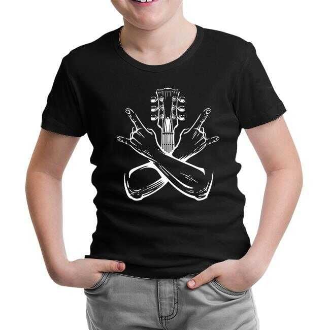 Rock Sign Hands and the Guitar Siyah Çocuk Tişört 12