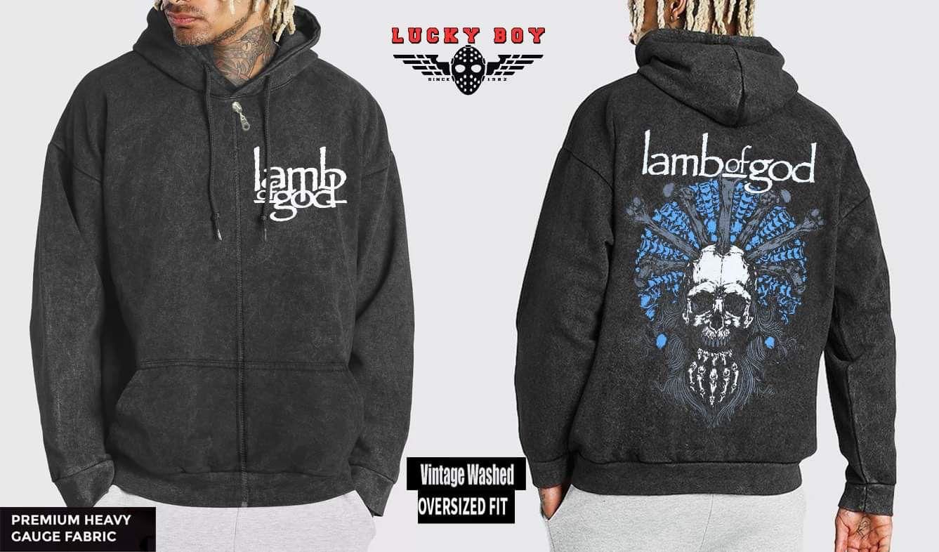Lamb of God Yıkamalı Fermuarlı Kapşonlu Over Size Hırka L