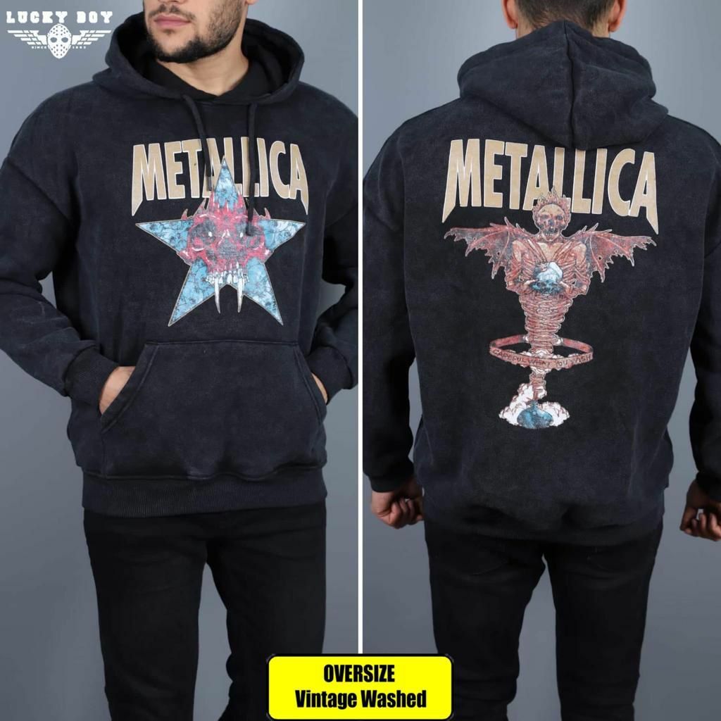 Metallica Yıkamalı Kapşonlu Over Size Sweatshirt M