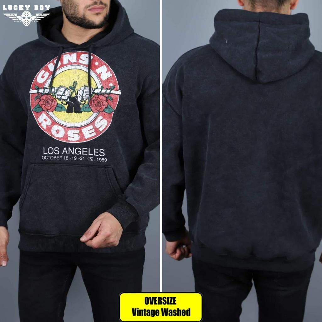 Guns n Roses Yıkamalı Kapşonlu Over Size Sweatshirt S