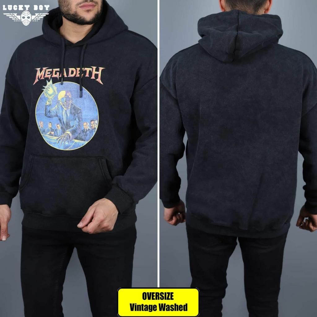 Megadeth Yıkamalı Kapşonlu Over Size Sweatshirt M