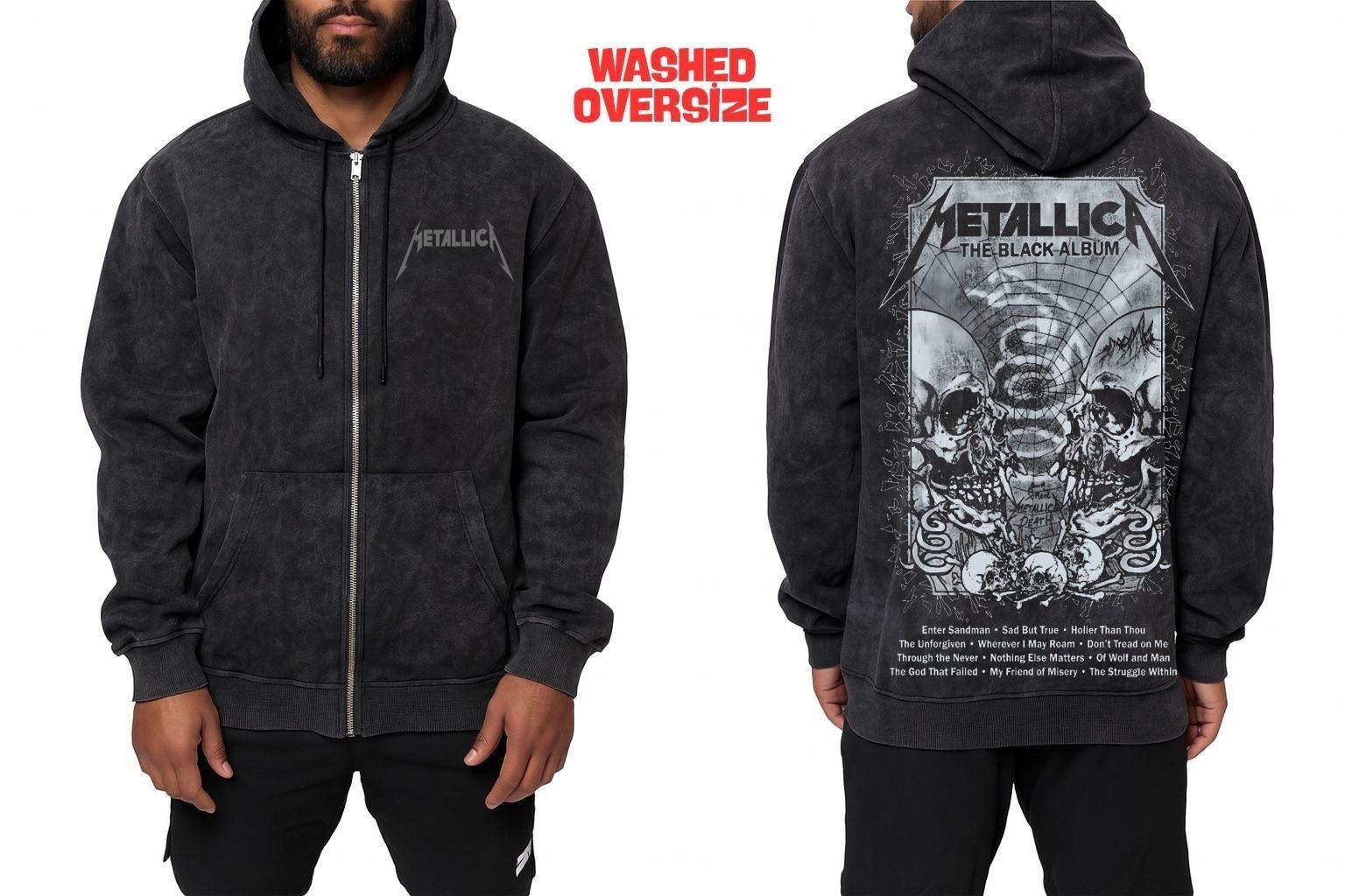 Metallica Yıkamalı Fermuarlı Kapşonlu Over Size Hırka S