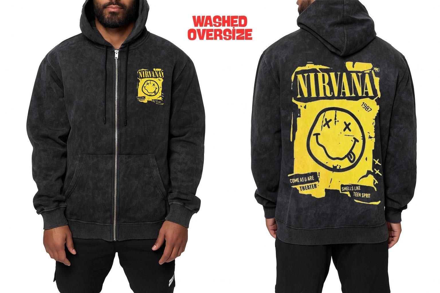 Nirvana Yıkamalı Fermuarlı Kapşonlu Over Size Hırka XL