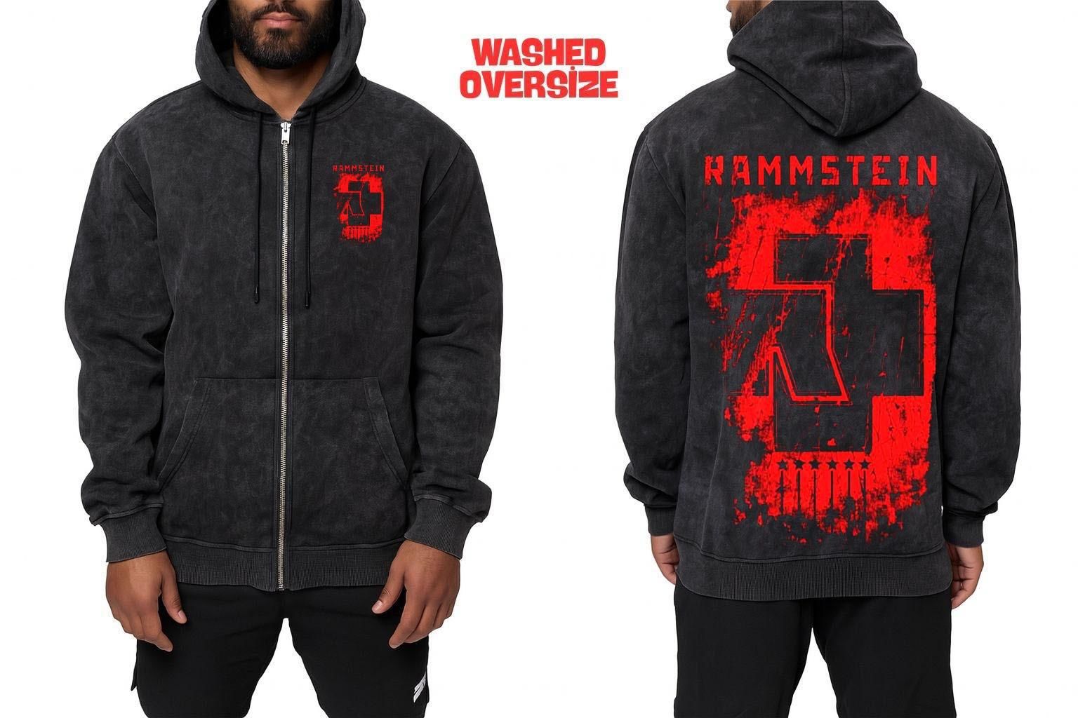 Rammstein Yıkamalı Fermuarlı Kapşonlu Over Size Hırka XL