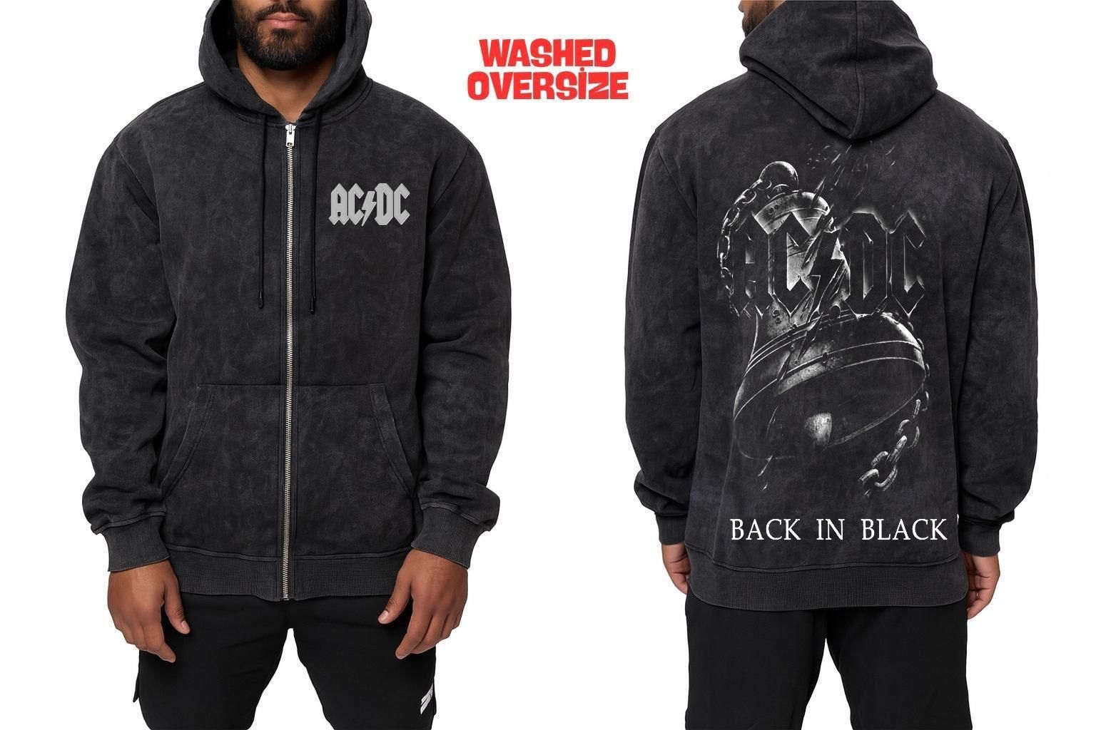 Ac Dc Yıkamalı Fermuarlı Kapşonlu Over Size Hırka L
