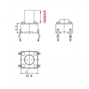 TACT BUTON  12x12 Siyah 9,5 mm Yuvarlak  IC-202