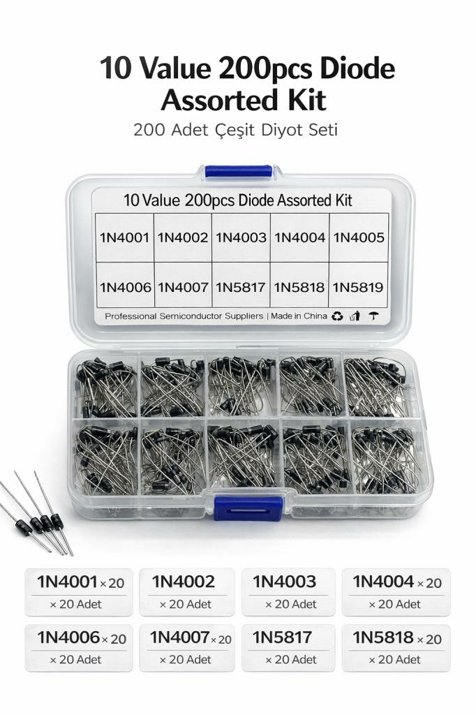 10 ÇEŞİT 200 ADET 1N4001-4002-4003-4004-4005-4006-4007-5817-4818-5819  DİYOT SET (X146)