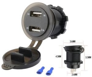 Usb Şarj Soketi Voltmetreli 2x5V 1a/ 2a (12-24V) Kırmızı Yuvarlak Panel Tip