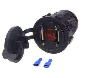 Usb Şarj Soketi Voltmetreli 2x5V 1a/ 2a (12-24V) Kırmızı Yuvarlak Panel Tip
