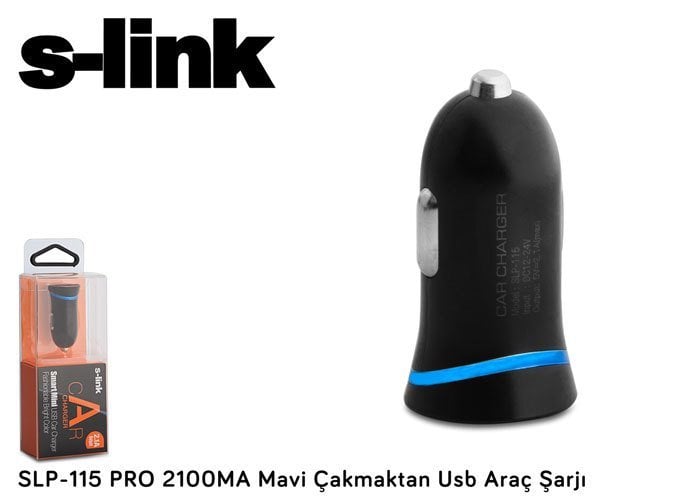 S-LİNK SLP-115  ÇAKMAK USB Araç Şarj Cihazı SİYAH   Out:USB 5V 2100 mA