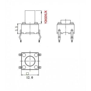 TACT BUTON  12x12 Siyah 8 mm Yuvarlak TC-12 (EA-X) IC-202