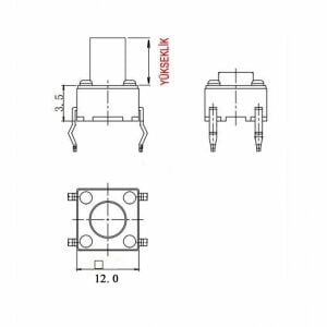 TACT BUTON  12x12 Siyah 8 mm Yuvarlak TC-12 (EA-X) IC-202