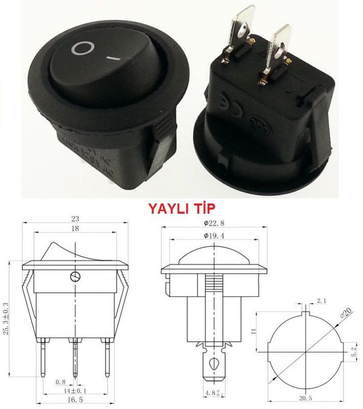 Anahtar Yuvarlak Siyah (MOM) Off Işıksız 2 Pin 6a 250v Kcd1 / Ic-133-2 ( Yaylı Tip )