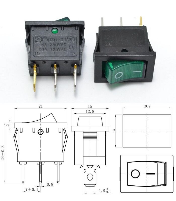 Anahtar Mini Yeşil On Off Işıklı 3 Pin 6a 250v Kcd1-2-101n / Ic-118 ( Kalıcı Tip)