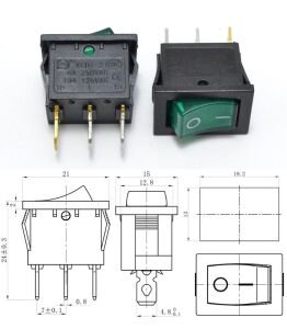 Anahtar Mini Yeşil On Off Işıklı 3 Pin 6a 250v Kcd1-2-101n / Ic-118 ( Kalıcı Tip)