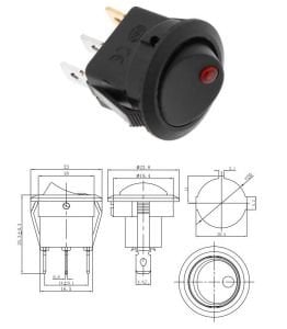 Anahtar Yuvarlak Siyah NOKTA LED KIRMIZI On Off Işıklı 3 Pin 6a 250V Kcd1-8 / Ic-132a ( Kalıcı Tip )