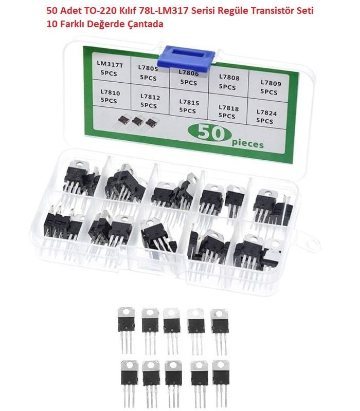 50 Adet TO-220 Kılıf 78L-LM317 Serisi Regüle Entegre Seti 10 Farklı Değerde Çantada