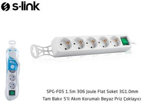 S-Link Tam Bakır Akım Korumalı 1.5M 5Li Priz Çoklayıcı Spg-F05 306Joule Flat Soket 3G 1.0Mm