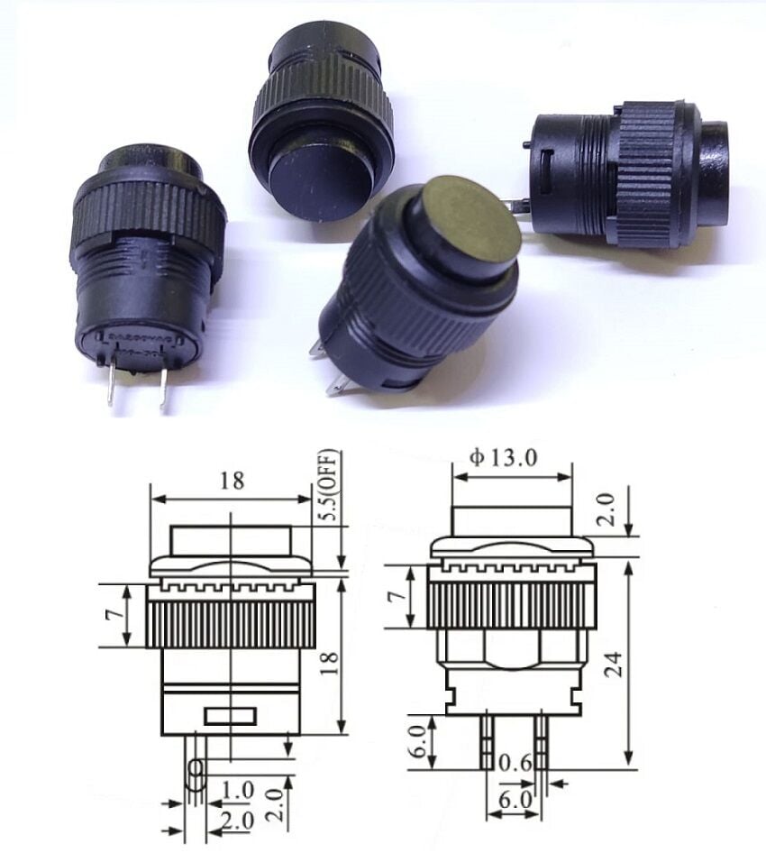 Buton Siyah Yuvarlak 16mm Ø R16-503B 2 Pim Işıksız ( Yaylı Tip )