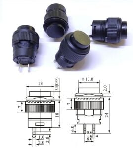 Buton Siyah Yuvarlak 16mm Ø R16-503B 2 Pim Işıksız ( Yaylı Tip )