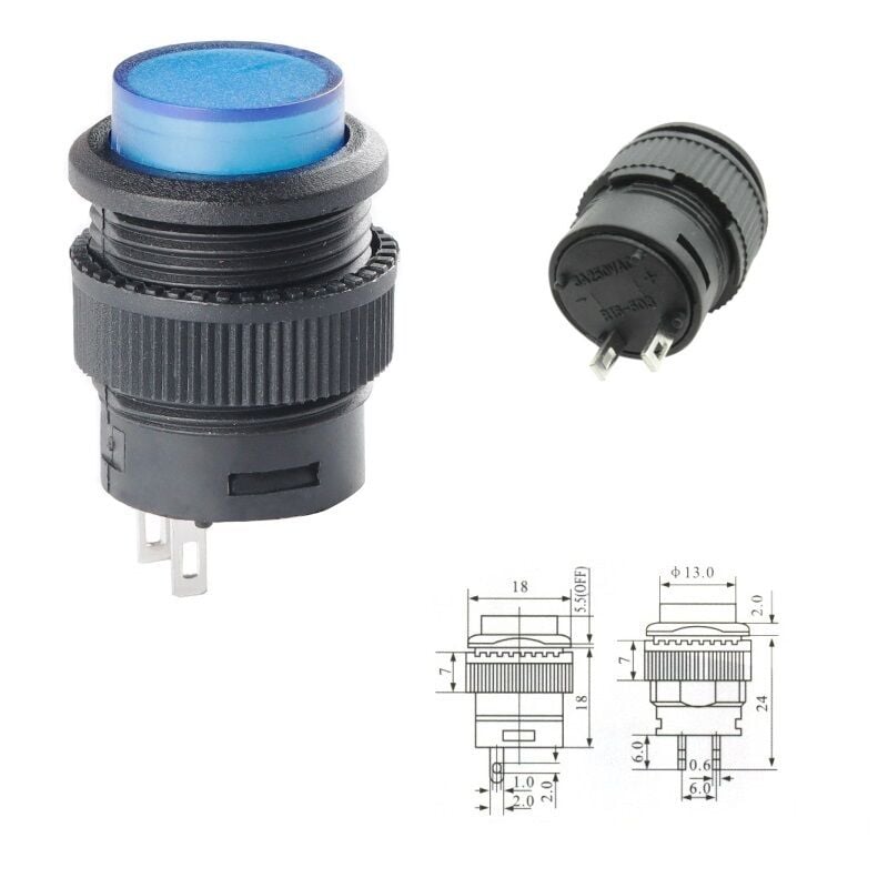 Buton Mavi Yuvarlak 16mm Ø R16-503B 2 Pim Işıksız ( Yaylı Tip )