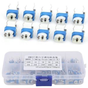 100 Adet 500R/1MR Trimpot Potansiyometre Seti Dik RM065 10 Çeşit Şeffaf Çantada