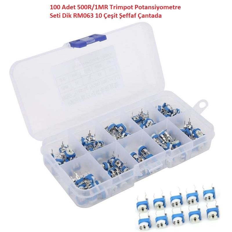 100 Adet 500R/1MR Trimpot Potansiyometre Seti Dik RM065 10 Çeşit Şeffaf Çantada