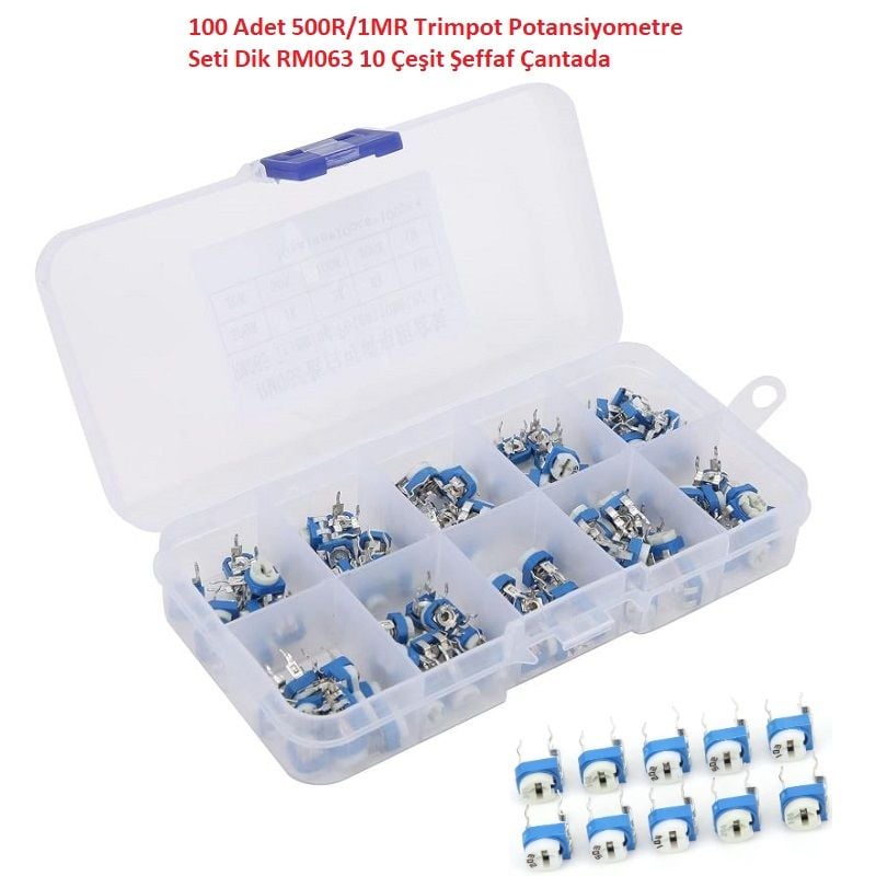 100 Adet 500R/1MR Trimpot Potansiyometre Seti Dik RM063 10 Çeşit Şeffaf Çantada