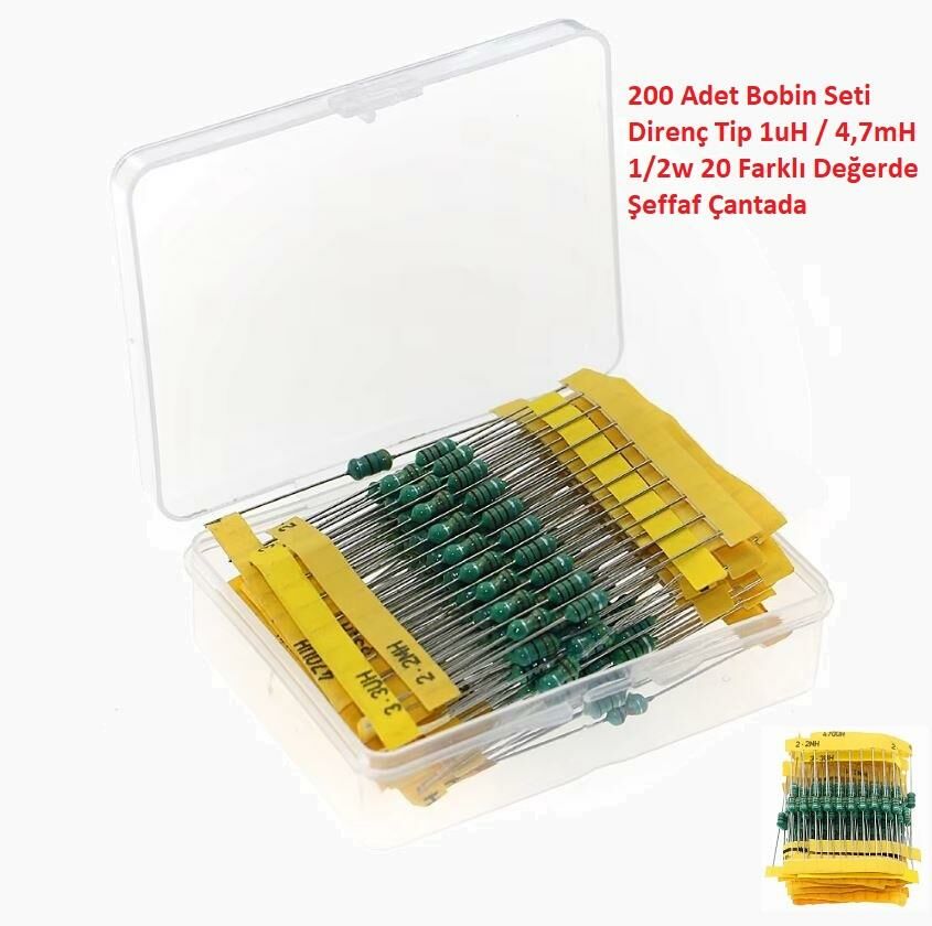 200 Adet Bobin Seti Direnç Tip 1uH / 4,7mH 1/2w 20 Farklı Değerde Şeffaf Çantada