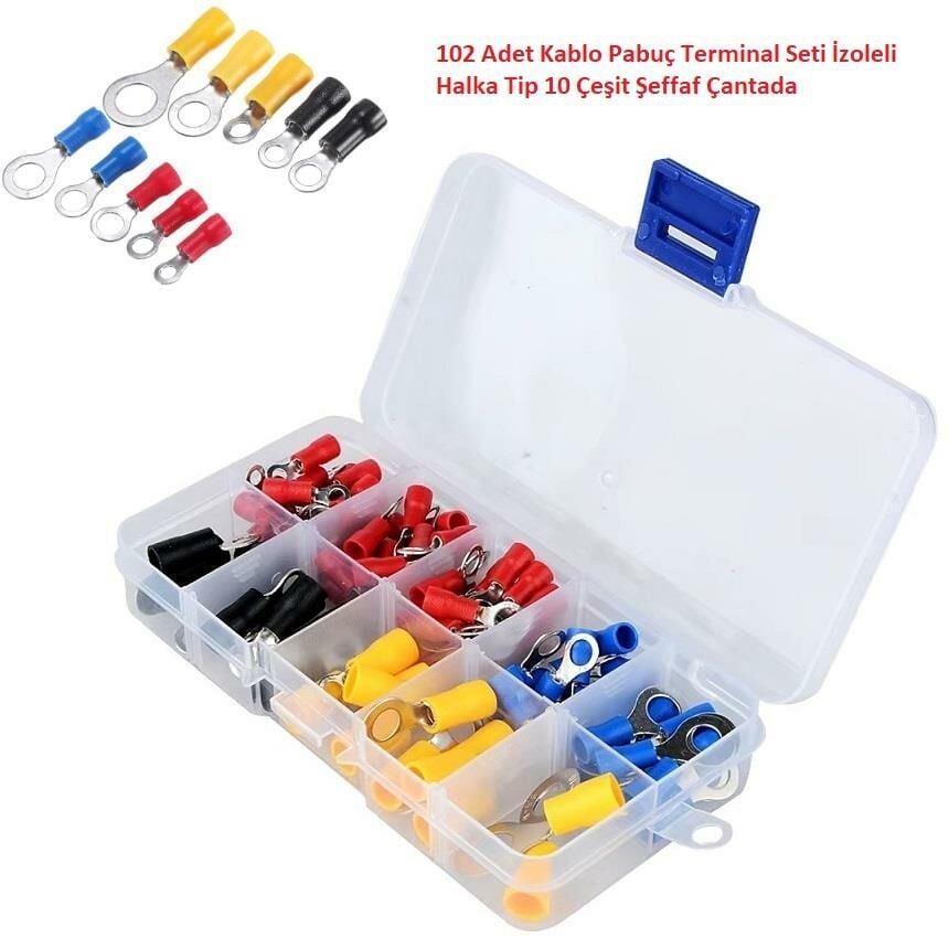 102 Adet Kablo Pabuç Terminal Seti İzoleli Halka Tip 10 Çeşit Şeffaf Çantada
