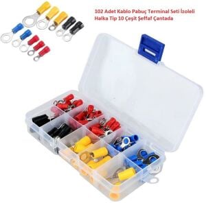 102 Adet Kablo Pabuç Terminal Seti İzoleli Halka Tip 10 Çeşit Şeffaf Çantada