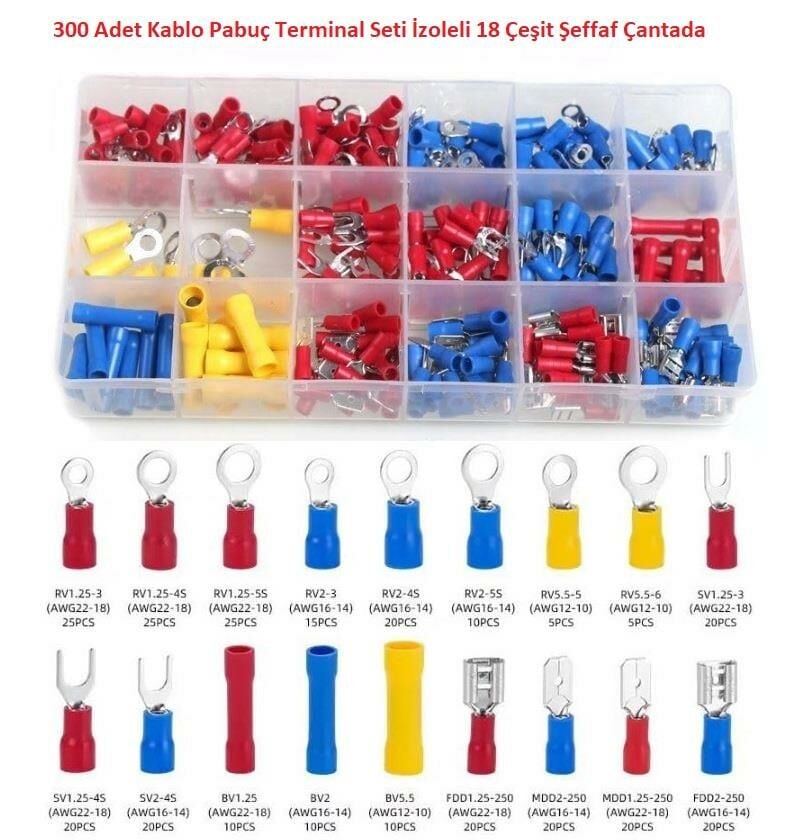 300 Adet Kablo Pabuç Terminal Seti İzoleli 18 Çeşit Şeffaf Çantada