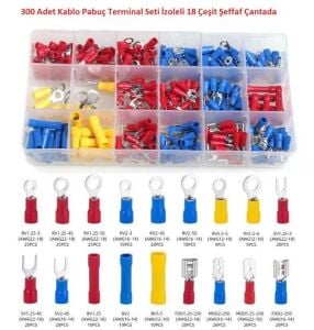 300 Adet Kablo Pabuç Terminal Seti İzoleli 18 Çeşit Şeffaf Çantada