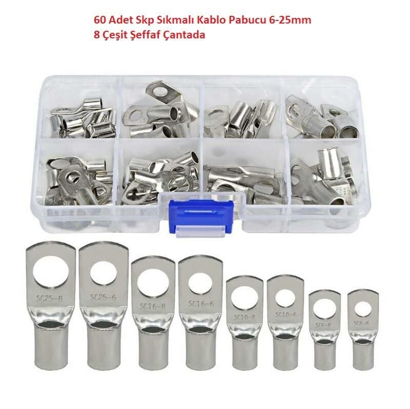 60 Adet Skp Sıkmalı Kablo Pabucu 6-25mm 8 Çeşit Şeffaf Çantada