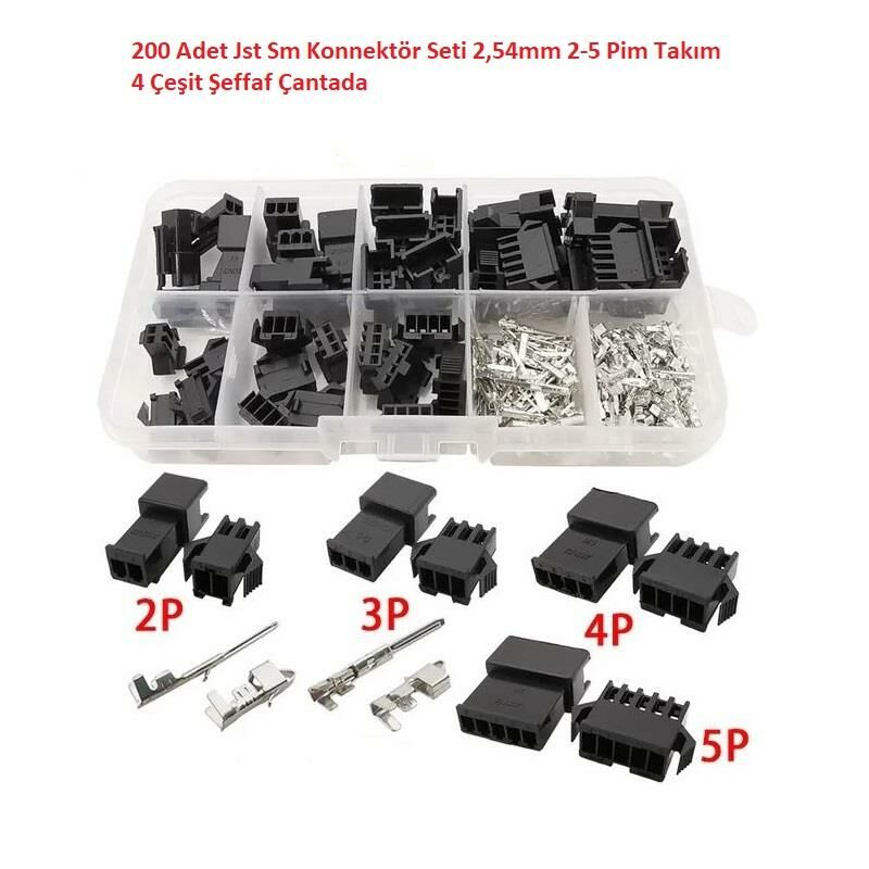 200 Adet Jst Sm Konnektör Seti 2,54mm 2-5 Pim Takım 4 Çeşit Şeffaf Çantada
