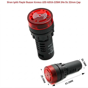Siren Işıklı Flaşör Buzzer Kırmızı Led AD16-22SM 24v Dc 22mm Çap