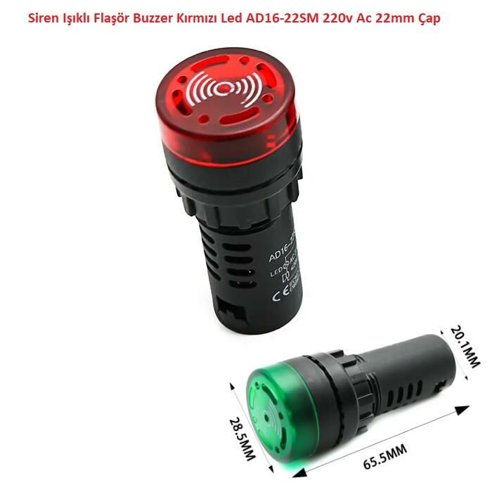 Siren Işıklı Flaşör Buzzer Kırmızı Led AD16-22SM 220v Ac 22mm Çap