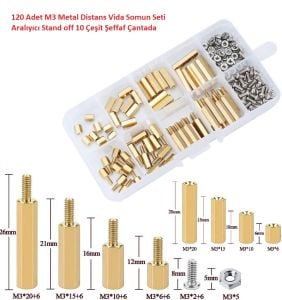 120 Adet M3 Metal Distans Vida Somun Seti Aralıyıcı Stand off 10 Çeşit Şeffaf Çantada