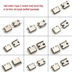 100 Adet Type-C Soket Seti Smd Dip 6-16 Pim 10 Çeşit Şeffaf Çantada