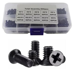 500 Adet Mini KM Vida Seti M2/M2,5/M3mm Siyah Yıldız Kafa 10 Çeşit Şeffaf Çantada