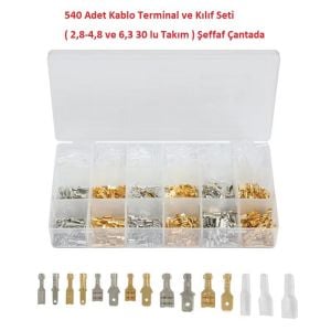 540 Adet Kablo Terminal ve Kılıf Seti ( 2,8-4,8 ve 6,3 30 lu Takım ) Şeffaf Çantada