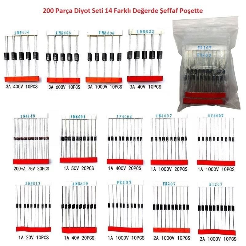 200 Parça Diyot Seti 14 Farklı Değerde Şeffaf Poşette