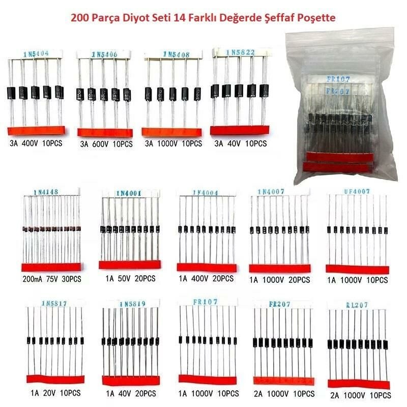 200 Parça Diyot Seti 14 Farklı Değerde Şeffaf Poşette