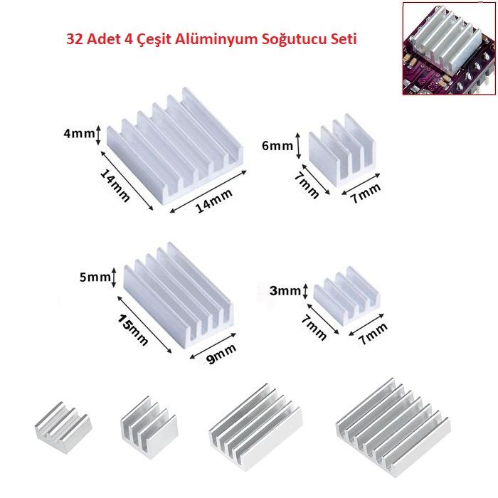 32 Adet 4 Çeşit Alüminyum Soğutucu Seti Poşette (Raspberry Pi 4B Uyumlu)
