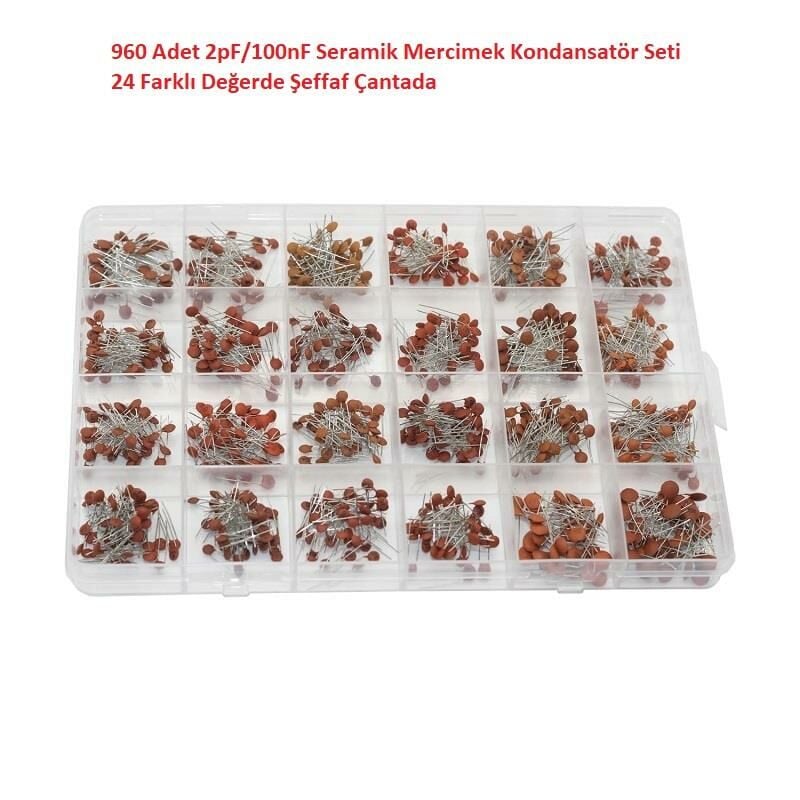 960 Adet 2pF/100nF Seramik Mercimek Kondansatör Seti 24 Farklı Değerde Şeffaf Çantada
