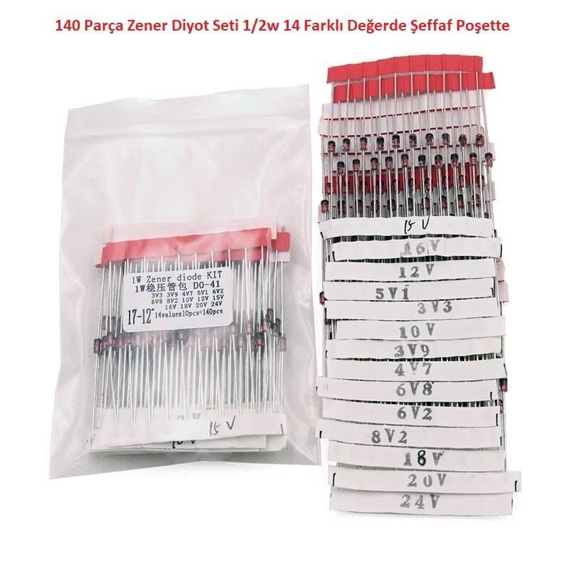 140 Parça Zener Diyot Seti 1/2w 14 Farklı Değerde Şeffaf Poşette