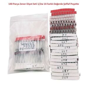 140 Parça Zener Diyot Seti 1/2w 14 Farklı Değerde Şeffaf Kutuda