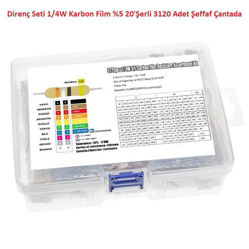 Direnç Seti 1/4W Karbon Film %5 20'Şerli 3120 Adet 156 Çeşit Şeffaf Çantada